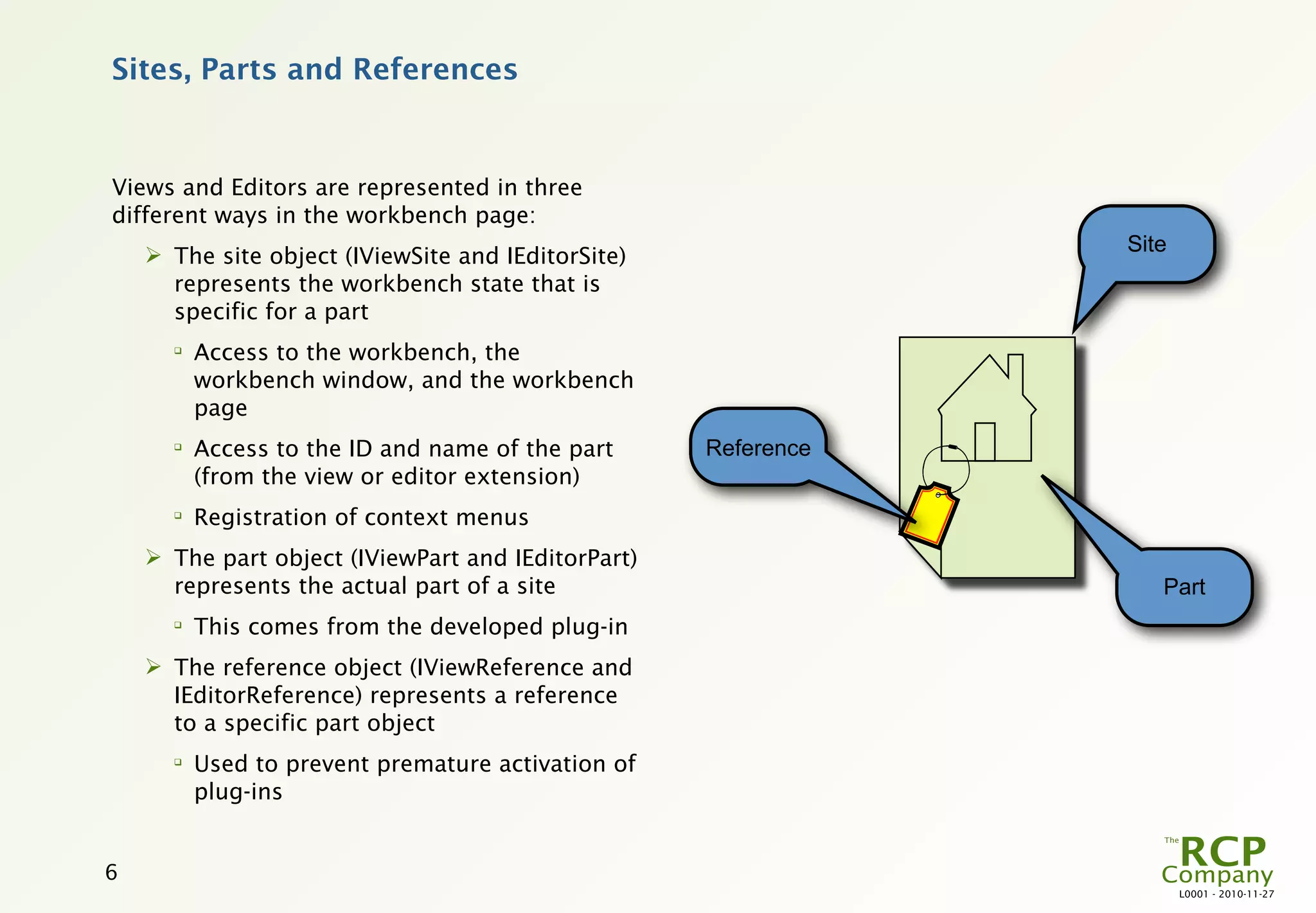 Sites, Parts and References


Views and Editors are represented in three
different ways in the workbench page:
     The site object (IViewSite and IEditorSite)               Site
      represents the workbench state that is
      specific for a part
      
          Access to the workbench, the
          workbench window, and the workbench
          page
      
          Access to the ID and name of the part     Reference
          (from the view or editor extension)
      
          Registration of context menus
     The part object (IViewPart and IEditorPart)
      represents the actual part of a site                         Part
      
          This comes from the developed plug-in
     The reference object (IViewReference and
      IEditorReference) represents a reference
      to a specific part object
      
          Used to prevent premature activation of
          plug-ins


6
                                                                       L0001 - 2010-11-27
 