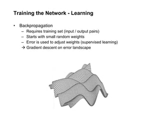 Training the Network - Learning Backpropagation Requires training set (input / output pairs) Starts with small random weights Error is used to adjust weights (supervised learning)    Gradient descent on error landscape 