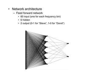 Network architecture Feed forward network 60 input (one for each frequency bin) 6 hidden 2 output (0-1 for “Steve”, 1-0 for “David”) 