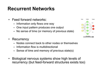 Recurrent Networks Feed forward networks: Information only flows one way One input pattern produces one output No sense of time (or memory of previous state) Recurrency Nodes connect back to other nodes or themselves Information flow is multidirectional Sense of time and memory of previous state(s) Biological nervous systems show high levels of recurrency (but feed-forward structures exists too) 