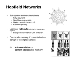 Hopfield Networks Sub-type of recurrent neural nets Fully recurrent Weights are symmetric Nodes can only be  on  or  off Random updating Learning:  Hebb rule   (cells that fire together wire together) Biological equivalent to LTP and LTD Can recall a memory, if presented with a corrupt or incomplete version  auto-associative  or content-addressable memory 
