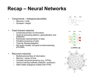 Recap – Neural Networks Components – biological plausibility Neurone / node Synapse / weight Feed forward networks Unidirectional flow of information Good at extracting patterns, generalisation and prediction Distributed representation of data Parallel processing of data Training: Backpropagation Not exact models, but good at demonstrating principles Recurrent networks Multidirectional flow of information Memory / sense of time Complex temporal dynamics (e.g. CPGs) Various training methods (Hebbian, evolution) Often better biological models than FFNs 