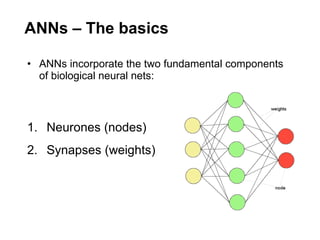 ANNs – The basics ANNs incorporate the two fundamental components of biological neural nets: Neurones (nodes) Synapses (weights) 