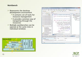 L0001 - 2008-11-27
15
Eclipse RCP
Run-time/OSGi
SWT
JFace
Workbench
Preferences
Jobs
ICU
Commands
Registry
Workbench
 Represents the desktop
development environment
 It contains set of tools for
resource management
 It provides common way of
navigating through the
resources
 Multiple workbenches can be
opened at the same time in
individual windows
 