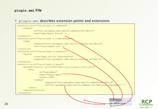 L0016 - 2008-11-10
26
plugin.xml File
 plugin.xml describes extension points and extensions
<extension point="org.eclipse.ui.commands">
<command
id="com.rcpcompany.demo.menu33.commands.HelloWorld"
name=”&amp;Sample Action” />
</extension>
<extension point="org.eclipse.ui.commandImages">
<image
commandId="com.rcpcompany.demo.menu33.commands.HelloWorld"
icon="icons/sample.gif” />
</extension>
<extension point="org.eclipse.ui.handlers">
<handler
class="demo.actions.SampleHandler"
commandId="com.rcpcompany.demo.menu33.commands.HelloWorld” />
</extension>
<extension point="org.eclipse.ui.menus">
<menuContribution locationURI="menu:org.eclipse.ui.main.menu">
<menu
id="sampleMenu"
label="Sample Menu"
mnemonic="M">
<command
commandId="com.rcpcompany.demo.menu33.commands.HelloWorld"
id="com.rcpcompany.demo.menu33.commands.HelloWorld.mc.sampleMenu” />
</menu>
</menuContribution>
</extension>
 