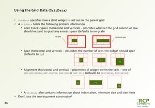 L0079 - 2009-08-27
46
Using the Grid Data (GridData)
 GridData specifies how a child widget is laid out in the parent grid
 A GridData holds the following primary information
 Grab Excess Space (horizontal and vertical) – describes whether the grid column or row
should expand to grad any excess space (defaults to no grab)
 Span (horizontal and vertical) – describes the number of cells the widget should span
(defaults to 1,1)
 Alignment (horizontal and vertical) – placement of widget within the cells – one of
SWT.BEGINNING, SWT.CENTER, SWT.END or SWT.FILL (defaults to BEGINNING, BEGINNING)
 A GridData also contains information about indentation, minimum size and size hints
 Don’t use the two-argument constructor!
1,1 2,1
2,2
C,C F,C
E,E
Horizontal grabNo grab
 