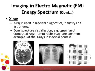 Imaging in Electro Magnetic (EM)
Energy Spectrum (Cont…)
• X-ray
– X-ray is used in medical diagnostics, industry and
astronomy.
– Bone structure visualization, angiogram and
Computed Axial Tomography (CAT) are common
examples of the X-rays in medical domain.
COM 2304 - Computer Graphics & Image
Processing
 