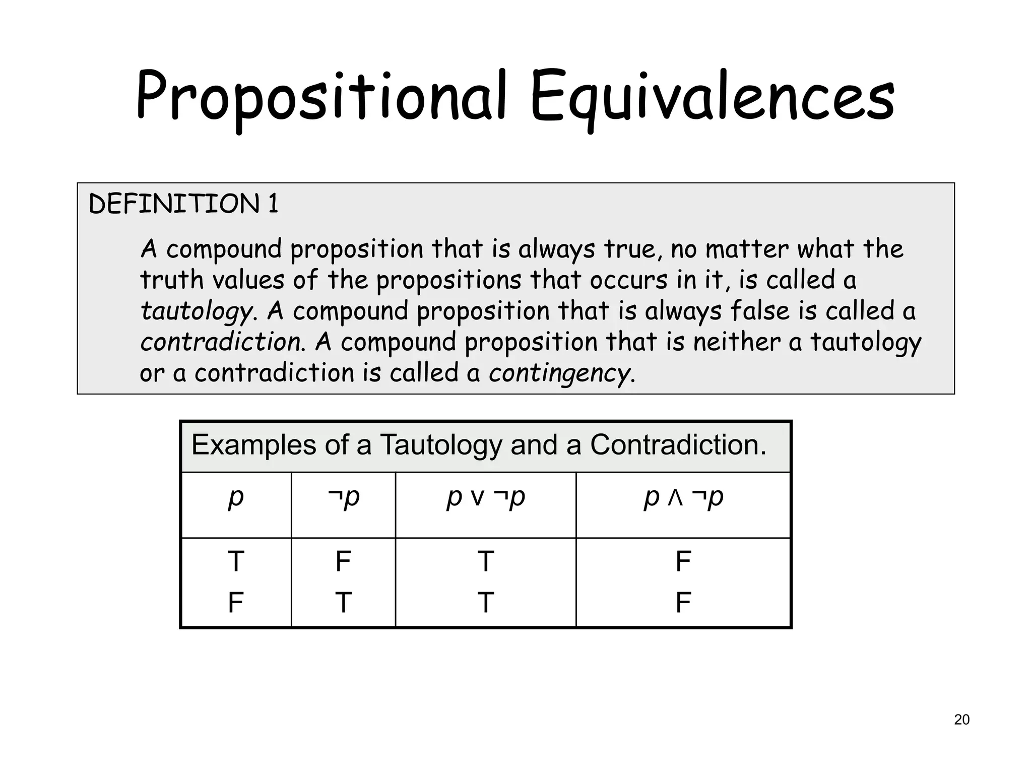 Propositional Equivalences
DEFINITION 1
A compound proposition that is always true, no matter what the
truth values of the propositions that occurs in it, is called a
tautology. A compound proposition that is always false is called a
contradiction. A compound proposition that is neither a tautology
or a contradiction is called a contingency.
Examples of a Tautology and a Contradiction.
p ¬p p ν ¬p p Λ ¬p
T
F
F
T
T
T
F
F
20
 