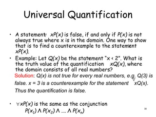 Universal Quantification
• A statement xP(x) is false, if and only if P(x) is not
always true where x is in the domain. One way to show
that is to find a counterexample to the statement
xP(x).
• Example: Let Q(x) be the statement “x < 2”. What is
the truth value of the quantification xQ(x), where
the domain consists of all real numbers?
• xP(x) is the same as the conjunction
P(x1) Λ P(x2) Λ …. Λ P(xn)


Solution: Q(x) is not true for every real numbers, e.g. Q(3) is
false. x = 3 is a counterexample for the statement xQ(x).
Thus the quantification is false.



30
 