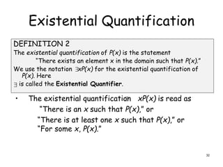 Existential Quantification
DEFINITION 2
The existential quantification of P(x) is the statement
“There exists an element x in the domain such that P(x).”
We use the notation xP(x) for the existential quantification of
P(x). Here
is called the Existential Quantifier.
• The existential quantification xP(x) is read as
“There is an x such that P(x),” or
“There is at least one x such that P(x),” or
“For some x, P(x).”



32
 