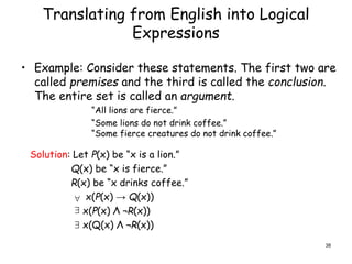 Translating from English into Logical
Expressions
• Example: Consider these statements. The first two are
called premises and the third is called the conclusion.
The entire set is called an argument.
“All lions are fierce.”
“Some lions do not drink coffee.”
“Some fierce creatures do not drink coffee.”
Solution: Let P(x) be “x is a lion.”
Q(x) be “x is fierce.”
R(x) be “x drinks coffee.”
x(P(x) → Q(x))
x(P(x) Λ ¬R(x))
x(Q(x) Λ ¬R(x))



38
 