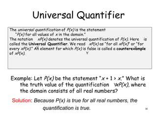 Universal Quantifier
The universal quantification of P(x) is the statement
“P(x) for all values of x in the domain.”
The notation xP(x) denotes the universal quantification of P(x). Here is
called the Universal Quantifier. We read xP(x) as “for all xP(x)” or “for
every xP(x).” An element for which P(x) is false is called a counterexample
of xP(x).
 

Example: Let P(x) be the statement “x + 1 > x.” What is
the truth value of the quantification xP(x), where
the domain consists of all real numbers?
Solution: Because P(x) is true for all real numbers, the
quantification is true.

30
 