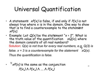 Universal Quantification
• A statement xP(x) is false, if and only if P(x) is not
always true where x is in the domain. One way to show
that is to find a counterexample to the statement
xP(x).
• Example: Let Q(x) be the statement “x < 2”. What is
the truth value of the quantification xQ(x), where
the domain consists of all real numbers?
• xP(x) is the same as the conjunction
P(x1) Λ P(x2) Λ …. Λ P(xn)


Solution: Q(x) is not true for every real numbers, e.g. Q(3) is
false. x = 3 is a counterexample for the statement xQ(x).
Thus the quantification is false.



31
 