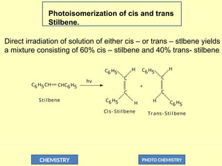 CHEMISTRY PHOTO CHEMISTRY
Photoisomerization of cis and trans
Stilbene.
Direct irradiation of solution of either cis – or trans – stlbene yields
a mixture consisting of 60% cis – stilbene and 40% trans- stilbene.
C6H5CH CHC6H5
C6H5
C
C
H
H
C6H5
hv
C6H5
H
H
C
C
C6H5
+
Sti lbene
Ci s- Sti lbene Trans- Sti lbene
 