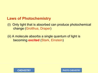 CHEMISTRY PHOTO CHEMISTRY
Laws of Photochemistry
(I) Only light that is absorbed can produce photochemical
change (Grotthus, Draper)
(ii) A molecule absorbs a single quantum of light is
becoming excited (Stark, Einstein)
 