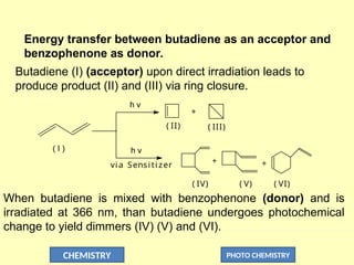 CHEMISTRY PHOTO CHEMISTRY
Energy transfer between butadiene as an acceptor and
benzophenone as donor.
Butadiene (I) (acceptor) upon direct irradiation leads to
produce product (II) and (III) via ring closure.
( I ) h v
vi a Sensitizer
( II) ( III)
( IV) ( V) ( VI)
h v
+
+ +
When butadiene is mixed with benzophenone (donor) and is
irradiated at 366 nm, than butadiene undergoes photochemical
change to yield dimmers (IV) (V) and (VI).
 