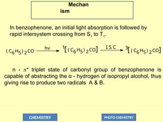 CHEMISTRY PHOTO CHEMISTRY
In benzophenone, an initial light absorption is followed by
rapid intersystem crossing from S1
to T1
.
( C6H5) 2CO
1
[ ( C6H5) 2CO] 3
[ ( C6H5) 2CO]
I. S. C
.
hv
Mechan
ism
n - * triplet state of carbonyl group of benzophenone is
capable of abstracting the α - hydrogen of isopropyl alcohol, thus
giving rise to produce two radicals A & B.
 