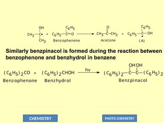 CHEMISTRY PHOTO CHEMISTRY
CH3
OH
C
CH3
C6H5
O
C
C6H5
+
Acetone
CH3 C CH3
O
( A)
C6H5
C6H5 C OH
+
Benzophenone
Similarly benzpinacol is formed during the reaction between
benzophenone and benzhydrol in benzene
( C6H5) 2CO + ( C6H5) 2CHOH
hv
Benzhydrol
Benzophenone Benzpi nacol
OH
OH
( C6H5) 2
C
C
( C6H5) 2
 