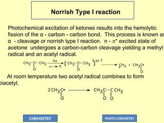 CHEMISTRY PHOTO CHEMISTRY
Norrish Type I reaction
Photochemical excitation of ketones results into the hemolytic
fission of the α - carbon - carbon bond. This process is known as
α - cleavage or norrish type I reaction. n - * excited state of
acetone undergoes a carbon-carbon cleavage yielding a methyl
radical and an acetyl radical.
CH3 C CH3
O
hv S or T
CH3 CH3C
[ ]
O
CH3
C
CH3 +
O

*
n
At room temperature two acetyl radical combines to form
biacetyl.
O
CH3C
2
O
CH3C C CH3
O
 