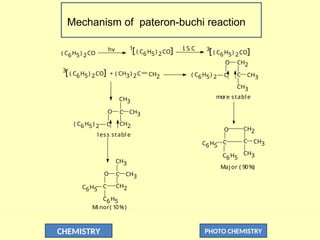 CHEMISTRY PHOTO CHEMISTRY
Mechanism of pateron-buchi reaction
hv I. S. C
. 3
[ ( C6H5) 2CO]
1
[ ( C6H5) 2CO]
( C6H5) 2CO
3
[ ( C6H5) 2CO] + ( CH3) 2C CH2
O C
CH2
CH3
( C6H5) 2 C
CH3
CH3
C
( C6H5) 2 CH3
CH2
C
O
CH3
C
CH3
CH2
C
O
O
C
CH2
CH3
C6H5
C
CH3
C6H5
C6H5
C6H5
more stable
l ess stable
Major ( 90%)
Mi nor( 10%)
 