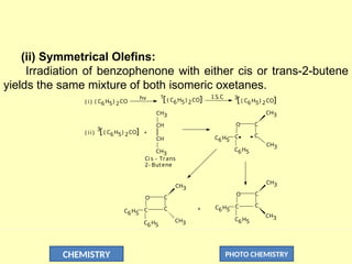 CHEMISTRY PHOTO CHEMISTRY
(ii) Symmetrical Olefins:
Irradiation of benzophenone with either cis or trans-2-butene
yields the same mixture of both isomeric oxetanes.
( C6H5) 2CO
1
[ ( C6H5) 2CO] 3
[ ( C6H5) 2CO]
I. S. C
.
hv
3
[ ( C6H5) 2CO]
C6H5
CH3
C
C6H5
CH3
C
O C
C
O
C
CH3
C6H5
C
CH3
C6H5
C
O
C
CH3
C6H5
C
CH3
C6H5
+
+
CH3
CH
CH
CH3
( i)
( ii)
Cis - Trans
2- Butene
 
