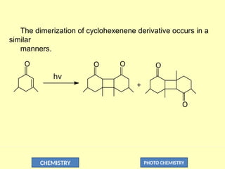 CHEMISTRY PHOTO CHEMISTRY
The dimerization of cyclohexenene derivative occurs in a
similar
manners.
hv
+
O O O
O
O
 
