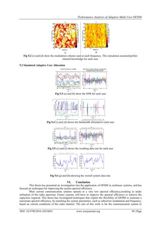 Performance Analysis of Adaptive Multi User OFDM
DOI: 10.9790/2834-10218691 www.iosrjournals.org 90 | Page
Fig 5.2 (c) and (d) show the modulation scheme used at each frequency. This simulation assumed perfect
channel knowledge for each user.
5.2 Simulated Adaptive User Allocation
Fig 5.3 (a) and (b) show the SNR for each user
Fig 5.4 (c) and (d) shows the bandwidth allocated to each user
Fig 5.5 (e) and (f) shows the resulting data rate for each user
Fig 5.6 (g) and (h) showing the overall system data rate.
VI. Conclusion
This thesis has presented an investigation into the application of OFDM in multiuser systems, and has
focused on techniques for improving the system spectral efficiency.
Most current communication systems operate at a very low spectral efficiency,resulting in under
utilisation of the radio spectrum. Future systems will have to improve the spectral efficiency to achieve the
capacities required. This thesis has investigated techniques that exploit the flexibility of OFDM to maintain a
maximum spectral efficiency, by matching the system parameters, such as subcarrier modulation and frequency,
based on current conditions of the radio channel. The aim of this work is for the communication system to
 