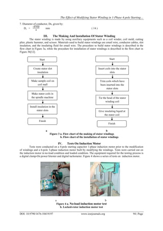 The Effect of Modifying Stator Winding in 1-Phase 4-pole Starting…
DOI: 10.9790/1676-10419197 www.iosrjournals.org 94 | Page
7. Diameter of conductor, Ds, given by:
Ds = mm ( 14 )
III. The Making And Installation Of Stator Winding
The stator winding is made by using auxiliary equipments such as a coil winder, coil mold, cutting
plier, plastic hammer, and scissor. Materials used to build stator windings are email wire, conductor cables, slot
insulation, and the insulating fluid for email wire. The procedure to build stator windings is described in the
flow chart in Figure 3a, while the procedure for installation of stator windings is described in the flow chart in
Figure 3b[12].
a b
Figure 3 a. Flow chart of the making of stator windings
b. Flow chart of the installation of stator windings
IV. Tests On Induction Motor
Tests were conducted on a 4-pole starting capacitor 1-phase induction motor prior to the modification
of windings and a 6-pole 3-phase induction motor built by modifying the windings. Tests were carried out on
the induction motor in no-load condition and loaded condition. The equipment required for the testing process is
a digital clamp-On power hitester and digital tachometer. Figure 4 shows a series of tests on induction motor.
a b
Figure 4 a. No-load induction motor test
b. Locked-rotor induction motor test
Start
Create stator slot
insulation
Install insulation in the
stator slots
Make sample coil on
coil mall
Finish
Start
Finish
Make stator coils in
the spindle machine
Insert coils into the stator
slots
Trim coils which have
been inserted into the
stator slots
Tie the head of the stator
winding coil
Give insulating liquid at
the stator coil
 