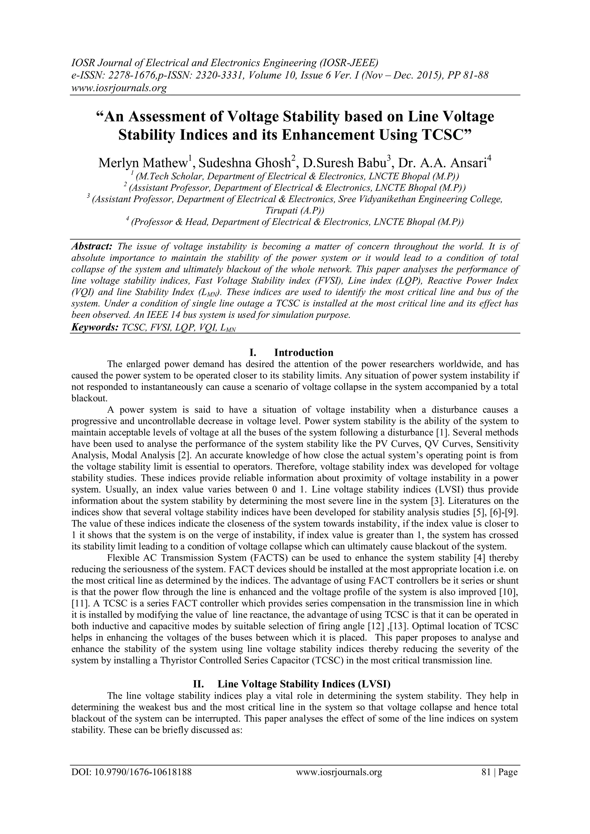 “An Assessment of Voltage Stability based on Line Voltage Stability ...