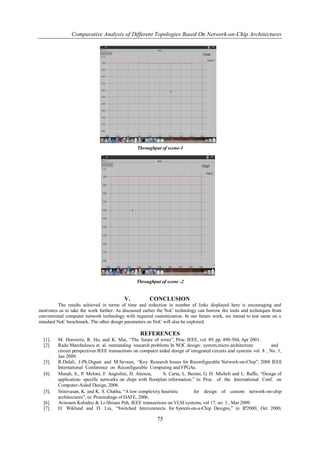 Comparative Analysis of Different Topologies Based On Network-on-Chip Architectures




                                                 Throughput of scene-1




                                                Throughput of scene -2


                                          V.           CONCLUSION
         The results achieved in terms of time and reduction in number of links displayed here is encouraging and
motivates us to take the work further. As discussed earlier the NoC technology can borrow the tools and techniques from
conventional computer network technology with required customization. In our future work, we intend to test same on a
standard NoC benchmark. The other design parameters on NoC will also be explored.

                                                  REFERENCES
  [1].   M. Horowitz, R. Ho, and K. Mai, “The future of wires”, Proc. IEEE, vol. 89, pp. 490-504, Apr 2001.
  [2].   Radu Marchulescu et. al. outstanding research problems In NOC design: system,micro architecture              and
         circuit perspectives IEEE transactions on computer aided design of integrated circuits and systems vol. 8 , No. 1,
         Jan 2009.
  [3].   R.Dafali, J-Ph.Diguet and M.Sevaux, “Key Research Issues for Reconfigurable Network-on-Chip”, 2008 IEEE
         International Conference on Reconfigurable Computing and FPGAs.
  [4].   Murali, S., P. Meloni, F. Angiolini, D. Atienza,     S. Carta, L. Benini, G. D. Micheli and L. Raffo, “Design of
         application- specific networks on chips with floorplan information,” in: Proc. of the International Conf. on
         Computer-Aided Design, 2006.
  [5].   Srinivasan, K. and K. S. Chatha, “A low complexity heuristic        for design of custom network-on-chip
         architectures”, in: Proceedings of DATE, 2006.
  [6].   Avinoam Kolodny & Li-Shiuan Peh, IEEE transactions on VLSI systems, vol 17, no. 3 , Mar 2009.
  [7].   D. Wiklund and D. Liu, “Switched Interconnects for System-on-a-Chip Designs,” in IP2000, Oct 2000,

                                                           75
 
