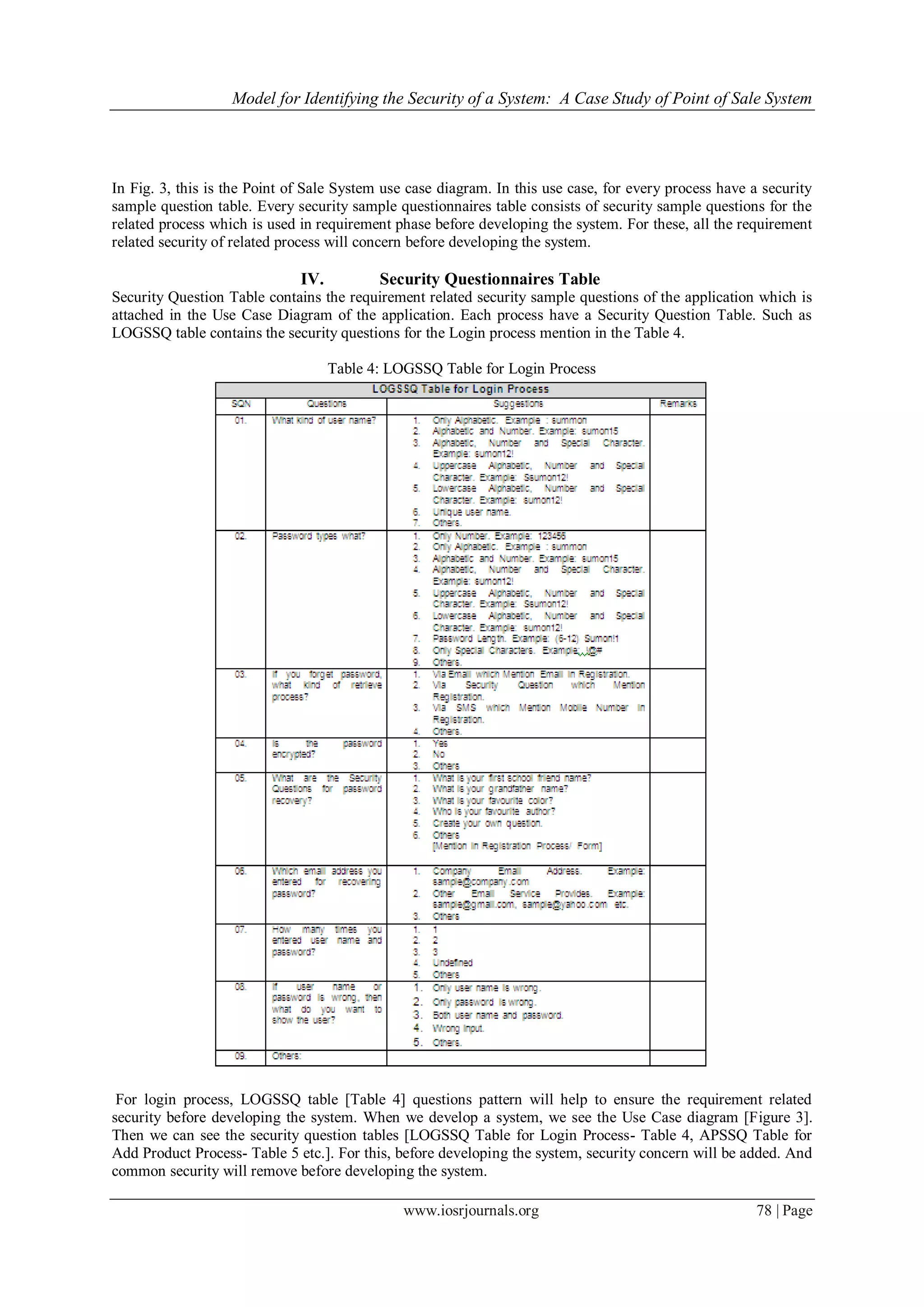 Model for Identifying the Security of a System: A Case Study of Point of Sale System
www.iosrjournals.org 78 | Page
In Fig. 3, this is the Point of Sale System use case diagram. In this use case, for every process have a security
sample question table. Every security sample questionnaires table consists of security sample questions for the
related process which is used in requirement phase before developing the system. For these, all the requirement
related security of related process will concern before developing the system.
IV. Security Questionnaires Table
Security Question Table contains the requirement related security sample questions of the application which is
attached in the Use Case Diagram of the application. Each process have a Security Question Table. Such as
LOGSSQ table contains the security questions for the Login process mention in the Table 4.
Table 4: LOGSSQ Table for Login Process
For login process, LOGSSQ table [Table 4] questions pattern will help to ensure the requirement related
security before developing the system. When we develop a system, we see the Use Case diagram [Figure 3].
Then we can see the security question tables [LOGSSQ Table for Login Process- Table 4, APSSQ Table for
Add Product Process- Table 5 etc.]. For this, before developing the system, security concern will be added. And
common security will remove before developing the system.
 