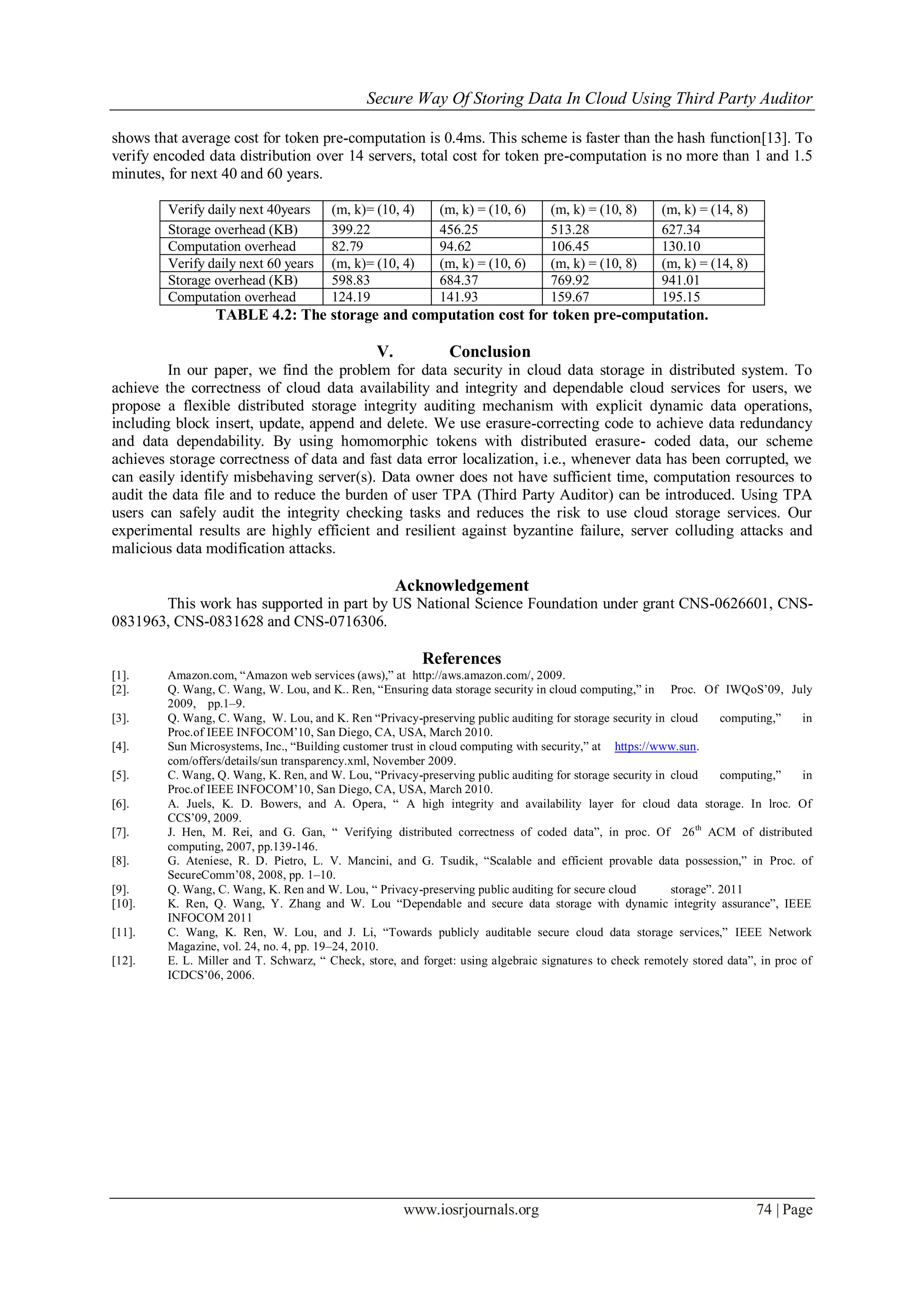 Secure Way Of Storing Data In Cloud Using Third Party Auditor
www.iosrjournals.org 74 | Page
shows that average cost for token pre-computation is 0.4ms. This scheme is faster than the hash function[13]. To
verify encoded data distribution over 14 servers, total cost for token pre-computation is no more than 1 and 1.5
minutes, for next 40 and 60 years.
Verify daily next 40years (m, k)= (10, 4) (m, k) = (10, 6) (m, k) = (10, 8) (m, k) = (14, 8)
Storage overhead (KB) 399.22 456.25 513.28 627.34
Computation overhead 82.79 94.62 106.45 130.10
Verify daily next 60 years (m, k)= (10, 4) (m, k) = (10, 6) (m, k) = (10, 8) (m, k) = (14, 8)
Storage overhead (KB) 598.83 684.37 769.92 941.01
Computation overhead 124.19 141.93 159.67 195.15
TABLE 4.2: The storage and computation cost for token pre-computation.
V. Conclusion
In our paper, we find the problem for data security in cloud data storage in distributed system. To
achieve the correctness of cloud data availability and integrity and dependable cloud services for users, we
propose a flexible distributed storage integrity auditing mechanism with explicit dynamic data operations,
including block insert, update, append and delete. We use erasure-correcting code to achieve data redundancy
and data dependability. By using homomorphic tokens with distributed erasure- coded data, our scheme
achieves storage correctness of data and fast data error localization, i.e., whenever data has been corrupted, we
can easily identify misbehaving server(s). Data owner does not have sufficient time, computation resources to
audit the data file and to reduce the burden of user TPA (Third Party Auditor) can be introduced. Using TPA
users can safely audit the integrity checking tasks and reduces the risk to use cloud storage services. Our
experimental results are highly efficient and resilient against byzantine failure, server colluding attacks and
malicious data modification attacks.
Acknowledgement
This work has supported in part by US National Science Foundation under grant CNS-0626601, CNS-
0831963, CNS-0831628 and CNS-0716306.
References
[1]. Amazon.com, “Amazon web services (aws),” at http://aws.amazon.com/, 2009.
[2]. Q. Wang, C. Wang, W. Lou, and K.. Ren, “Ensuring data storage security in cloud computing,” in Proc. Of IWQoS‟09, July
2009, pp.1–9.
[3]. Q. Wang, C. Wang, W. Lou, and K. Ren “Privacy-preserving public auditing for storage security in cloud computing,” in
Proc.of IEEE INFOCOM‟10, San Diego, CA, USA, March 2010.
[4]. Sun Microsystems, Inc., “Building customer trust in cloud computing with security,” at https://www.sun.
com/offers/details/sun transparency.xml, November 2009.
[5]. C. Wang, Q. Wang, K. Ren, and W. Lou, “Privacy-preserving public auditing for storage security in cloud computing,” in
Proc.of IEEE INFOCOM‟10, San Diego, CA, USA, March 2010.
[6]. A. Juels, K. D. Bowers, and A. Opera, “ A high integrity and availability layer for cloud data storage. In lroc. Of
CCS‟09, 2009.
[7]. J. Hen, M. Rei, and G. Gan, “ Verifying distributed correctness of coded data”, in proc. Of 26th
ACM of distributed
computing, 2007, pp.139-146.
[8]. G. Ateniese, R. D. Pietro, L. V. Mancini, and G. Tsudik, “Scalable and efficient provable data possession,” in Proc. of
SecureComm‟08, 2008, pp. 1–10.
[9]. Q. Wang, C. Wang, K. Ren and W. Lou, “ Privacy-preserving public auditing for secure cloud storage”. 2011
[10]. K. Ren, Q. Wang, Y. Zhang and W. Lou “Dependable and secure data storage with dynamic integrity assurance”, IEEE
INFOCOM 2011
[11]. C. Wang, K. Ren, W. Lou, and J. Li, “Towards publicly auditable secure cloud data storage services,” IEEE Network
Magazine, vol. 24, no. 4, pp. 19–24, 2010.
[12]. E. L. Miller and T. Schwarz, “ Check, store, and forget: using algebraic signatures to check remotely stored data”, in proc of
ICDCS‟06, 2006.
 