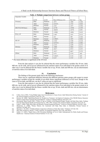 A Study on the Relationship between Nutrition Status and Physical Fitness of School Boys.
www.iosrjournals.org 50 | Page
Table. 4. Multiple comparisons between various groups.
Dependent Variable
(I) NS (J) NS Mean Difference (I-J) Std. Error Sig.
50 m(sec) Mild Moderate .3975 .3090 0.204
Mild Normal .6167(*) .2725 0.028
Moderate Normal .2192 .3257 0.504
SHUTTLE RUN(sec) Mild Moderate .21750 .25596 0.399
Mild Normal -.00250 .22574 0.991
Moderate Normal -.22000 .26981 0.419
PULL UP Mild Moderate -1.667 1.031 0.112
Mild Normal .833 .909 0.364
Moderate Normal 2.500(*) 1.087 0.026
SIT UP Mild Moderate -5.542 3.509 0.120
Mild Normal -8.875(*) 3.095 0.006
Moderate Normal -3.333 3.699 0.372
S.B.J(m) Mild Moderate -.0400 .0604 0.511
Mild Normal -.0617 .0533 0.253
Moderate Normal -.0217 .0637 0.735
600mts Mild Moderate 1.875 3.574 .602
Mild Normal 7.292(*) 3.152 .025
Moderate Normal 5.417 3.767 .157
* The mean difference is significant at the .05 level.
From the data analysis it can also be inferred that the motor performance variables like 50 mts. dash,
600 mts. run & walk, and sit up are influenced by the nutrition status of an individual to the greater extent or in
other way it can be deduced that the fitness variable like sit up, 50 mts. dash and 600 mts. run are determinants
of nutrition status of an individual.
IV. Conclusion
The findings of the present study lead to the following conclusions:
There was no. significant difference between the different nutrition status groups with respect to motor
performance variables except the variable sit up which shows significant difference at 0.02 level. though in the
cases of 50 mt dash, and 600 mts. run the F values are near to significant.
From the data analysis it can also be inferred that the motor performance variables like 50 mts. dash,
600 mts. run & walk, and sit up are influenced by the nutrition status of an individual to the greater extent or in
other way it can be deduced that the fitness variable like sit up, 50 mts. dash and 600 mts. run are determinants
of nutrition status of an individual.
References:
[1]. Collins, Steve (1996). "Using Middle Upper Arm Circumference to Assess Severe Adult Malnutrition During Famine." Journal of
the American Medical Association 276(5):391–395.
[2]. Kiernan, M. (2000). "Identifying Patients for Weight-Loss Treatment: An Empirical Evaluation of the NHLBI Obesity Education
Initiative Expert Panel Treatment Recommendations." Archives of Internal Medicine 160:2169–2176.
[3]. Kuczmarski, Marie Fanelli (2001). "Effects of Age on Validity of Self-Reported Height, Weight, and Body Mass Index: Findings
from the Third National Health and Nutrition Survey, 1988–1994." Journal of the American Dietetic Association 101(1):28–34.
[4]. Landi, F. (2000). "Body Mass Index and Mortality Among Hospitalized Patients." Archives of Internal Medicine 160:2641–2644.
[5]. Maskarinec, G. (2000). "Dietary Patterns Are Associated with Body Mass Index in Multiethnic Women." Journal of
Nutrition 130:3068–3072.
[6]. Maynard, L. M. (2001). "Childhood Body Composition in Relation to Body Mass Index." Pediatrics 107:344–350.
[7]. Pike, Ruth, and Brown, Myrtle L. (1984). Nutrition, An Integrated Approach. New York: John Wiley.
[8]. Seidel, J. C. (2001). "Report from a CDC Prevention Workshop on Use of Adult Anthropometry for Public Health and Primary
Health Care." American Journal of Clinical Nutrition 73:123–126.
 
