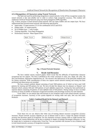 Artificial Neural Network for Recognition of Handwritten Devanagari Character
DOI: 10.9790/0661-17116064 www.iosrjournals.org 63 | Page
4.3.4 Recognition of Characters using Neural Network
The back end used for performing recognition is neural network. In the off-line recognition system, the
neural network is fast and reliable tool in order to achieve high recognition accuracy. This module will
implement Artificial Neural Network using error back propagation (EBP) algorithm.
Fig. 4 shows structure of feed forward neural network with one input, hidden and one output layer. We have
implemented feed forward neural network with following specification.
 Input nodes: 32 input neurons (2 X 16 for combination of ICZ and ZCZ)
 Output nodes : 41 output neurons.
 No of Hidden layer : 1 with 4 nodes.
 Training algorithm : Error Back Propagation.
 Performance function : Mean Square Error.
Fig. 4 Neural Network Structure
V. Result And Discussion
We have studied various research papers which reveal that the difficulty of handwritten character
recognition has two aspects. The first is attributed to the writer variations in style, size, shape, ink color, ink
flow and thickness, digitization imperfections etc. The second is the deficiencies of the particular method used
for feature extraction. With consideration of these two aspects neural network training and testing has been
performed and observations are recorded.
We have created synthetic dataset consisting of total 2460 patterns out of which we have used 1640
patterns for training and 820 patterns for test. We have divided this dataset into two datasets as Dataset1 and
Dataset2 which contains 820 and 1640 patterns of each alphabet respectively. Testing has been performed on
separate dataset containing 20 patterns of each alphabet total of 820 patterns. During testing we have recorded
accuracy in terms of number of characters recognized accurately with percentage accuracy for each character.
From Table1 we can analyze that with increase in size of dataset used to train neural network, accuracy
of recognition increases. Accuracy of the system depends on writing order and style, font size and color,
thickness.
Table1. Combined Result Set for Dataset1 and Dataset2
Sr. No. Character % Accuracy
Training: Dataset1
% Accuracy
Training: Dataset2
1 k 70 80
2 ba 55 80
3 [ 55 80
4 na 55 80
5 t 55 75
From these two we can observe that when size of training dataset increases recognition accuracy
increases. Neural network accuracy depends on size of dataset used to train it. Larger the dataset increases
accuracy but decreases speed of recognition. For few characters accuracy remains same or slight increase has
been observed, reasons behind this can be due to similarity in shapes of multiple Devanagari characters, or may
be simply due to variations in writing styles. From Fig. 5 we can conclude with increase in size of dataset used
to train neural network, accuracy of recognition increases.
 