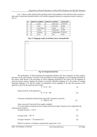 Integration of Search Interfaces in Deep Web Databases for Specific Domains
DOI: 10.9790/0661-17447590 www.iosrjournals.org 84 | Page
Fig. 13 shows a table which has the matching results of the attributes of the interfaces.These results are
taken above a particular threshold which is 0.65 and the integrated interface by using these results is shown in
Fig. 14.
Fig. 13: Mapping results of attributes above threshold 0.65
Fig. 14: Integrated interface
The performance of field matching and integrating interfaces has been measured via three metrics:
precision, recall, and F-measure. Precision is the percentage of correct mappings over all mappings identified by
the system, while Recall is the percentage of correct mappings identified by the system over all mappings as
given by domain experts. Suppose the number of correctly identified mappings is C, the number of wrongly
identified mappings is W and the number of unidentified correct mappings is M, then the precision of the
approach is given by the expression given below
P = C/ (C + W) (1)
and the recall, R, of the approach is
R = C/ (C + M) (2)
F-measure incorporates both precision and recall. F-measure is given by
F = 2PR/ (P + R) (3)
where: precision P and recall R are equally weighted.
For every domain average precision, average recall and average F-measure were computed by the
expressions given below:
Average Precision = ? Pi /N (4)
Average recall = ? Ri / N (5)
Average F-measure = ? (F-measure)i /N (6)
Where N is total no. of interfaces matched and i range from 1 to N.
 
