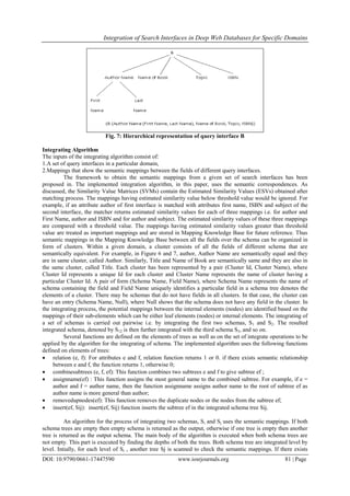 Integration of Search Interfaces in Deep Web Databases for Specific Domains
DOI: 10.9790/0661-17447590 www.iosrjournals.org 81 | Page
Fig. 7: Hierarchical representation of query interface B
Integrating Algorithm
The inputs of the integrating algorithm consist of:
1.A set of query interfaces in a particular domain,
2.Mappings that show the semantic mappings between the fields of different query interfaces.
The framework to obtain the semantic mappings from a given set of search interfaces has been
proposed in. The implemented integration algorithm, in this paper, uses the semantic correspondences. As
discussed, the Similarity Value Matrices (SVMs) contain the Estimated Similarity Values (ESVs) obtained after
matching process. The mappings having estimated similarity value below threshold value would be ignored. For
example, if an attribute author of first interface is matched with attributes first name, ISBN and subject of the
second interface, the matcher returns estimated similarity values for each of three mappings i.e. for author and
First Name, author and ISBN and for author and subject. The estimated similarity values of these three mappings
are compared with a threshold value. The mappings having estimated similarity values greater than threshold
value are treated as important mappings and are stored in Mapping Knowledge Base for future reference. Thus
semantic mappings in the Mapping Knowledge Base between all the fields over the schema can be organized in
form of clusters. Within a given domain, a cluster consists of all the fields of different schema that are
semantically equivalent. For example, in Figure 6 and 7, author, Author Name are semantically equal and they
are in same cluster, called Author. Similarly, Title and Name of Book are semantically same and they are also in
the same cluster, called Title. Each cluster has been represented by a pair (Cluster Id, Cluster Name), where
Cluster Id represents a unique Id for each cluster and Cluster Name represents the name of cluster having a
particular Cluster Id. A pair of form (Schema Name, Field Name), where Schema Name represents the name of
schema containing the field and Field Name uniquely identifies a particular field in a schema tree denotes the
elements of a cluster. There may be schemas that do not have fields in all clusters. In that case, the cluster can
have an entry (Schema Name, Null), where Null shows that the schema does not have any field in the cluster. In
the integrating process, the potential mappings between the internal elements (nodes) are identified based on the
mappings of their sub-elements which can be either leaf elements (nodes) or internal elements. The integrating of
a set of schemas is carried out pairwise i.e. by integrating the first two schemas, S1 and S2. The resulted
integrated schema, denoted by S12 is then further integrated with the third schema S3, and so on.
Several functions are defined on the elements of trees as well as on the set of integrate operations to be
applied by the algorithm for the integrating of schema. The implemented algorithm uses the following functions
defined on elements of trees:
 relation (e, f): For attributes e and f, relation function returns 1 or 0. if there exists semantic relationship
between e and f, the function returns 1, otherwise 0;
 combinesubtrees (e, f, ef): This function combines two subtrees e and f to give subtree ef ;
 assignname(ef) : This function assigns the most general name to the combined subtree. For example, if e =
author and f = author name, then the function assignname assigns author name to the root of subtree ef as
author name is more general than author;
 removedupnodes(ef): This function removes the duplicate nodes or the nodes from the subtree ef;
 insert(ef, Sij): insert(ef, Sij) function inserts the subtree ef in the integrated schema tree Sij.
An algorithm for the process of integrating two schemas, Si and Sj uses the semantic mappings. If both
schema trees are empty then empty schema is returned as the output, otherwise if one tree is empty then another
tree is returned as the output schema. The main body of the algorithm is executed when both schema trees are
not empty. This part is executed by finding the depths of both the trees. Both schema tree are integrated level by
level. Intially, for each level of Si , another tree Sj is scanned to check the semantic mappings. If there exists
 