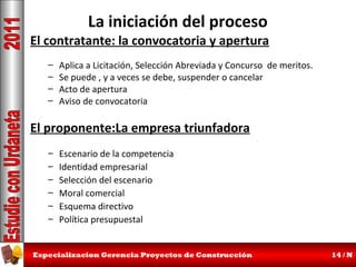 La iniciación del proceso

El contratante: la convocatoria y apertura
–
–
–
–

Aplica a Licitación, Selección Abreviada y Concurso de meritos.
Se puede , y a veces se debe, suspender o cancelar
Acto de apertura
Aviso de convocatoria

El proponente:La empresa triunfadora
–
–
–
–
–
–

Escenario de la competencia
Identidad empresarial
Selección del escenario
Moral comercial
Esquema directivo
Política presupuestal

Especializacion Gerencia Proyectos de Construcción

14 / N

 