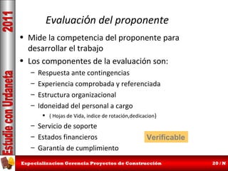 Evaluación del proponente
• Mide la competencia del proponente para
desarrollar el trabajo
• Los componentes de la evaluación son:
–
–
–
–

Respuesta ante contingencias
Experiencia comprobada y referenciada
Estructura organizacional
Idoneidad del personal a cargo
• ( Hojas de Vida, indice de rotación,dedicacion)

– Servicio de soporte
– Estados financieros
– Garantía de cumplimiento

Verificable

Especializacion Gerencia Proyectos de Construcción

20 / N

 