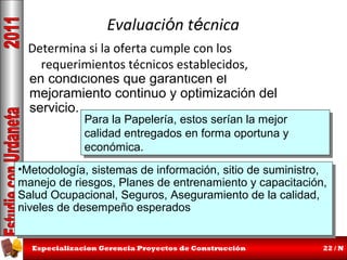 Evaluación técnica
Determina si la oferta cumple con los
requerimientos técnicos establecidos,
en condiciones que garanticen el
mejoramiento continuo y optimización del
servicio.

Para la Papelería, estos serían la mejor
Para la Papelería, estos serían la mejor
calidad entregados en forma oportuna y
calidad entregados en forma oportuna y
económica.
económica.

••Metodología,sistemas de información, sitio de suministro,
Metodología, sistemas de información, sitio de suministro,
manejo de riesgos, Planes de entrenamiento y capacitación,
manejo de riesgos, Planes de entrenamiento y capacitación,
Salud Ocupacional, Seguros, Aseguramiento de la calidad,
Salud Ocupacional, Seguros, Aseguramiento de la calidad,
niveles de desempeño esperados
niveles de desempeño esperados
Especializacion Gerencia Proyectos de Construcción

22 / N

 