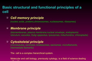 Basic structural and functional principles of a cell Cell memory principle ( nucleic acids, proteins ,chromosomes, nucleosomes, ribosomes ) Membrane principle   (biomembranes, plasma membrane,nuclear envelope, endoplasmic reticulum, vacuoles, Golgi apparatus, lysozomes, mitochondria, chloroplasts)   Cytoskeletal principle   ( microtubules,  centrioles, kinetosomes, axonemes,  microfilaments,   intermediate filaments )  The  cell is a complex hierarchical system. Molecular and cell biology, previously cytology, is a field of science dealing with cells. 