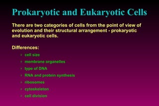 Prokaryotic and  E ukaryotic  C ells   There are two categories of cells from the point of view of evolution and their structural arrangement - prokaryotic and eukaryotic cells. Differences: cell size membrane organelles type of DNA RNA and protein synthesis ribosomes cytoskeleton cell division 
