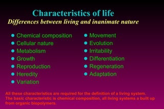 Characteristics of life Differences between living and inanimate nature Chemical composition Cellular nature Metabolism Growth Reproduction Heredity Variation Movement Evolution Irritability Differentiation Regeneration Adaptation All these characteristics are required for the definition of a living system. The basic characteristic is chemical composition,   all living systems a built up from organic biopolymers. 