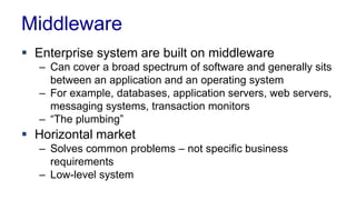 Middleware
 Enterprise system are built on middleware
– Can cover a broad spectrum of software and generally sits
between an application and an operating system
– For example, databases, application servers, web servers,
messaging systems, transaction monitors
– “The plumbing”
 Horizontal market
– Solves common problems – not specific business
requirements
– Low-level system
 