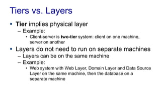 Tiers vs. Layers
 Tier implies physical layer
– Example:
• Client-server is two-tier system: client on one machine,
server on another
 Layers do not need to run on separate machines
– Layers can be on the same machine
– Example:
• Web system with Web Layer, Domain Layer and Data Source
Layer on the same machine, then the database on a
separate machine
 