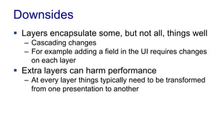 Downsides
 Layers encapsulate some, but not all, things well
– Cascading changes
– For example adding a field in the UI requires changes
on each layer
 Extra layers can harm performance
– At every layer things typically need to be transformed
from one presentation to another
 