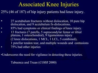 Associated Knee Injuries
25% (46 of 187) of hip injury patients had knee injury.
• 27 acetabulum fractures without dislocation, 10 pure hip
dislocation, and 9 acetabulum fx-dislocations.
• 85% had symptoms or clinical findings of knee injury.
• 13 fractures (7 patella, 5 supracondylar femur or tibial
plateau, 1 osteochondral), 9 ligamentous injury
(2 knee dislocations, 1 MCL, 1 LCL, 5 combined),
1 patellar tendon tear, and multiple wounds and contusions
• 75% had other injuries
•Underscores the need for vigilance in detecting these injuries.
Tabuenca and Truan (CORR 2000)
 