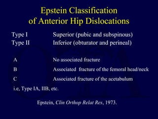 Epstein Classification
of Anterior Hip Dislocations
Type I Superior (pubic and subspinous)
Type II Inferior (obturator and perineal)
A No associated fracture
B Associated fracture of the femoral head/neck
C Associated fracture of the acetabulum
i.e, Type IA, IIB, etc.
Epstein, Clin Orthop Relat Res, 1973.
 