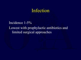 Infection
Incidence 1-5%
Lowest with prophylactic antibiotics and
limited surgical approaches
 