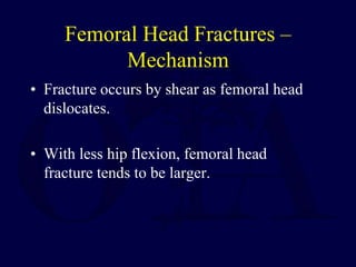Femoral Head Fractures –
Mechanism
• Fracture occurs by shear as femoral head
dislocates.
• With less hip flexion, femoral head
fracture tends to be larger.
 