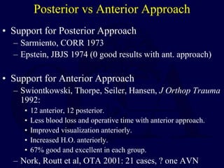 Posterior vs Anterior Approach
• Support for Posterior Approach
– Sarmiento, CORR 1973
– Epstein, JBJS 1974 (0 good results with ant. approach)
• Support for Anterior Approach
– Swiontkowski, Thorpe, Seiler, Hansen, J Orthop Trauma
1992:
• 12 anterior, 12 posterior.
• Less blood loss and operative time with anterior approach.
• Improved visualization anteriorly.
• Increased H.O. anteriorly.
• 67% good and excellent in each group.
– Nork, Routt et al, OTA 2001: 21 cases, ? one AVN
 